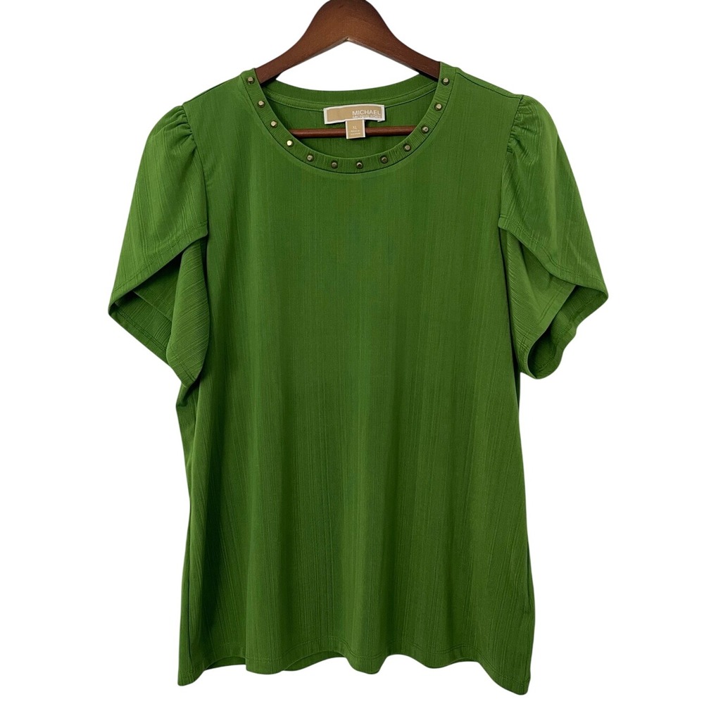 MICHAEL Michael Kors Top XL Green Studded Neck Tulip Flutter Sleeve Blouse Chic